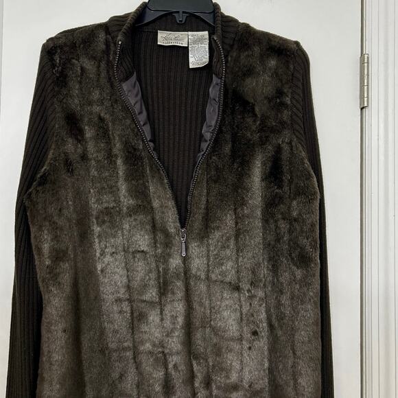 Vintage 90s Y2K Chocolate Brown Faux Fur Ribbed Knit Zip Up Sweater Cardigan Lg - Picture 6 of 15